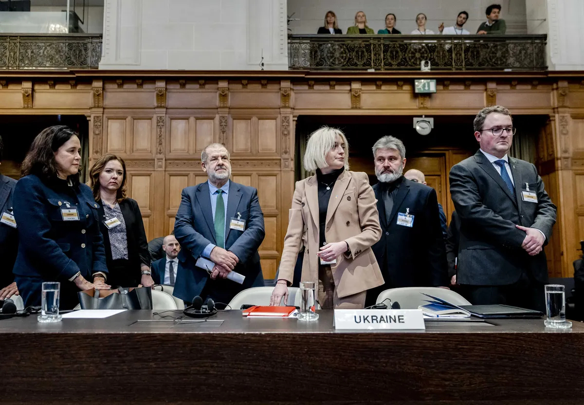 A Ukrainian delegation attends the International Court of Justice in The Hague, the Netherlands, 31 January 2024. Photo: EPA-EFE/REMKO DE WAAL