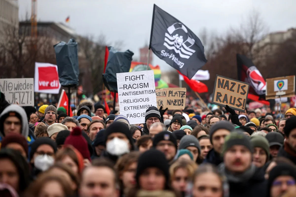A protest against Germany’s far-right AFD in front of the Brandenburg Gate in Berlin, Germany, 14 January 2024. Photo: Clemens Bilan / EPA-EFA
