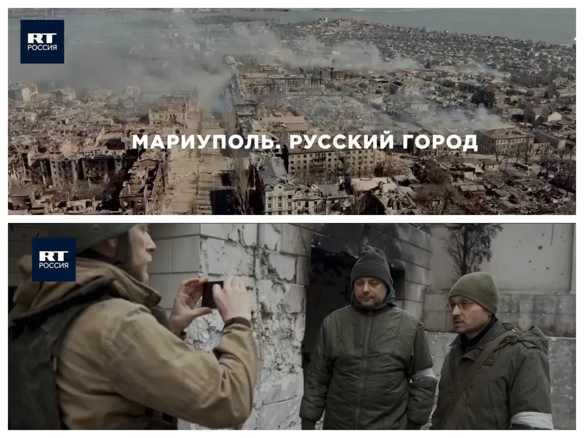 1.Открывающие титры фильма RT. 2. Павел Чуприна снимает мобилизованных коллег из филармонии на мобильный телефон. Фото: скрин видео