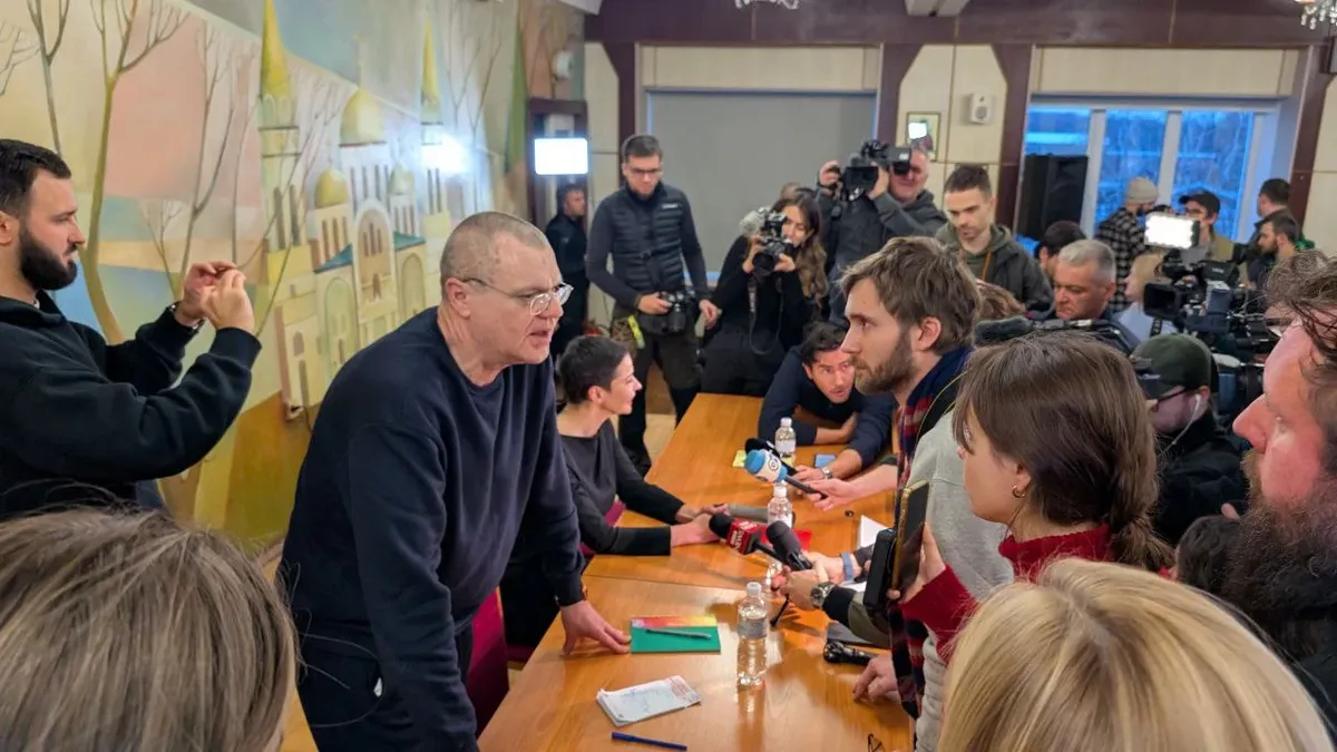 Viktar Babaryka speaks to journalists in Chernihiv, Ukraine, following his release, 14 December 2025. Photo: Dmytro Durnev