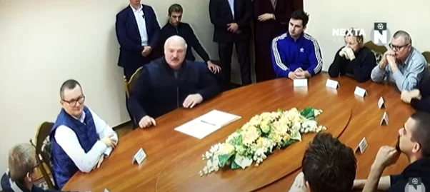 Lukashenko with his son Kolya (behind him) at a meeting with political prisoners at the KGB pretrial detention centre in October 2020. Screenshot: NEXTA / YouTube