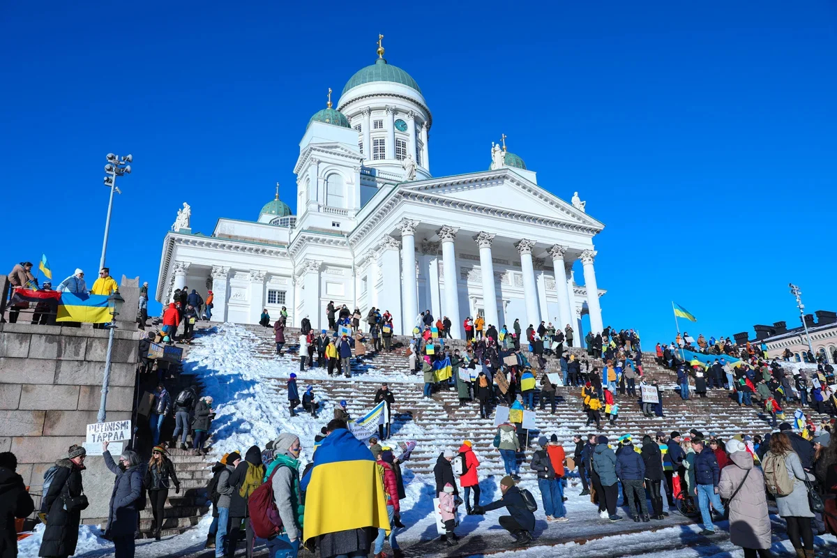 Protesters gather for an anti-war demonstration in central Helsinki, Finland, on 26 February 2022. Photo: Marina Takimoto / SOPA Images / Sipa USA / Vida Press