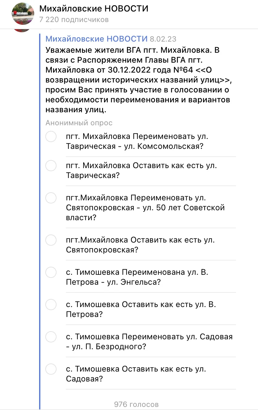 Голосование о переименовании улиц в Михайловке, Запорожской области. Фото: Telegram